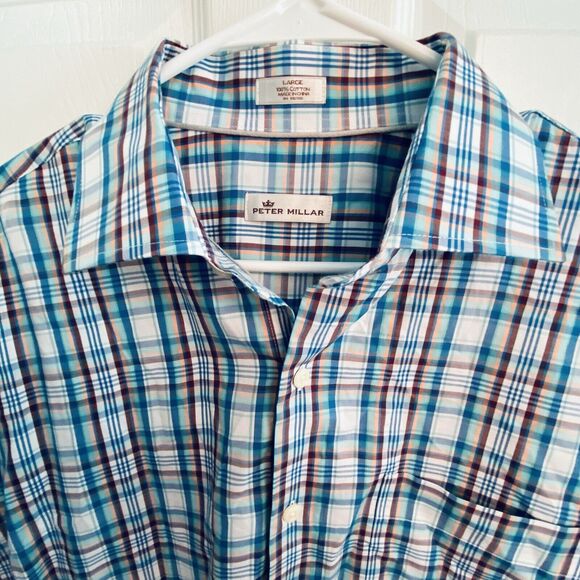 Peter Millar Shirt Mens Size Large All Cotton Blue Multi Plaid Button Down L - Picture 2 of 7